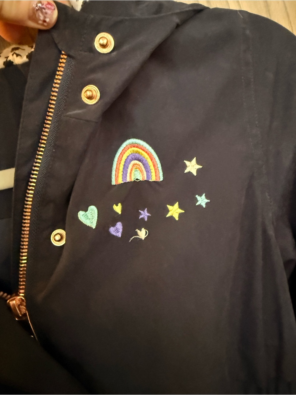 Rokka & Rolla Girls Size 10-12 Navy Hooded Rain Jacket Rainbow Stars Floral - Picture 6 of 11